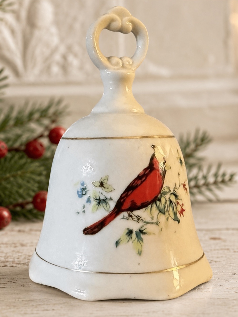 Vintage Red Cardinal Bird Porcelain Bell